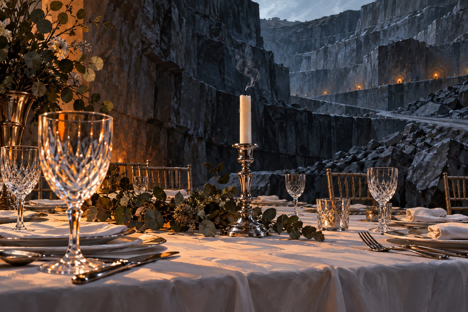 Conceptual illustration of an elegant banquet table with crystal glasses and an extinguished candle against dark quarry walls.