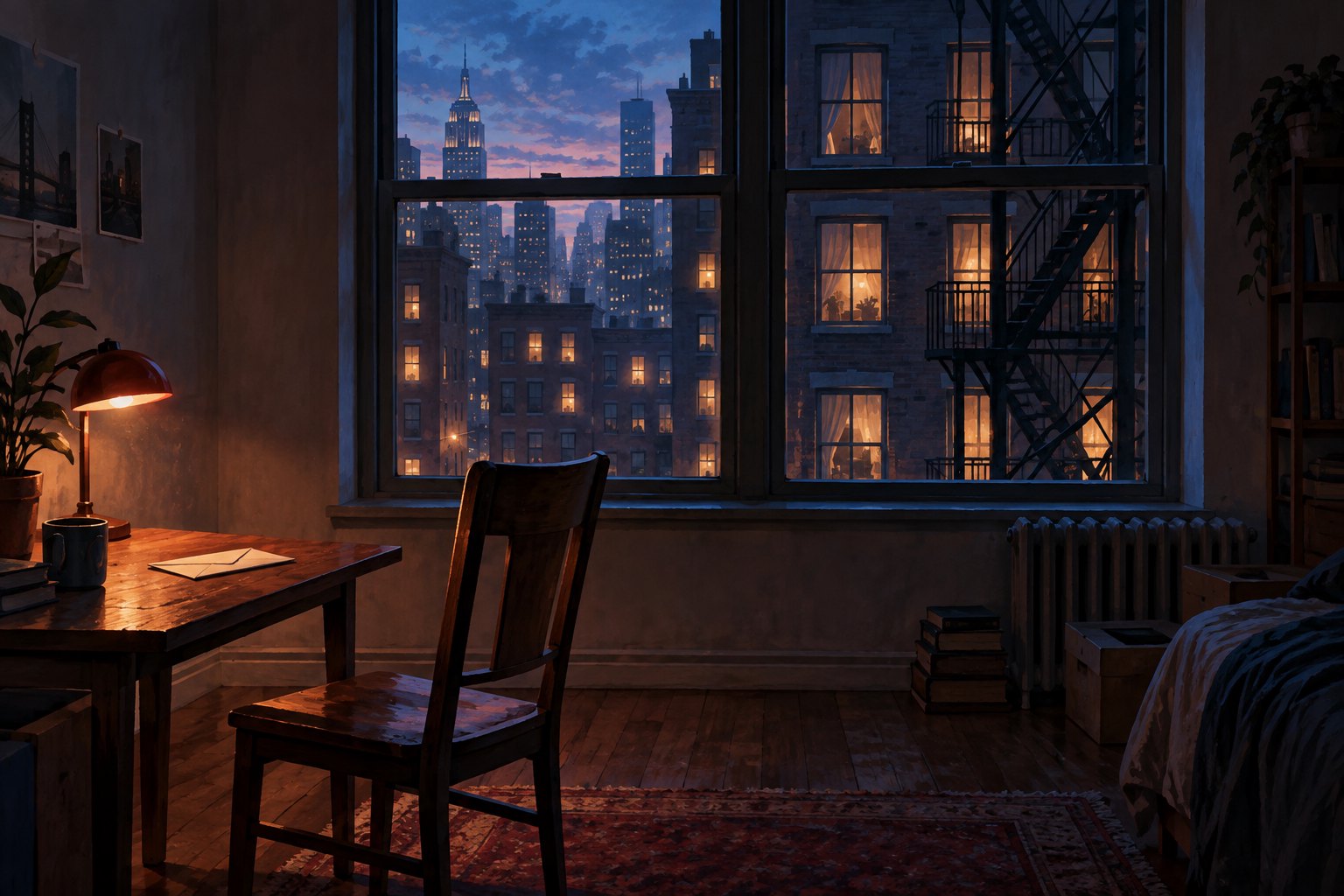 Conceptual illustration of an empty New York apartment with a sealed envelope on a table and illuminated neighboring windows at dusk.