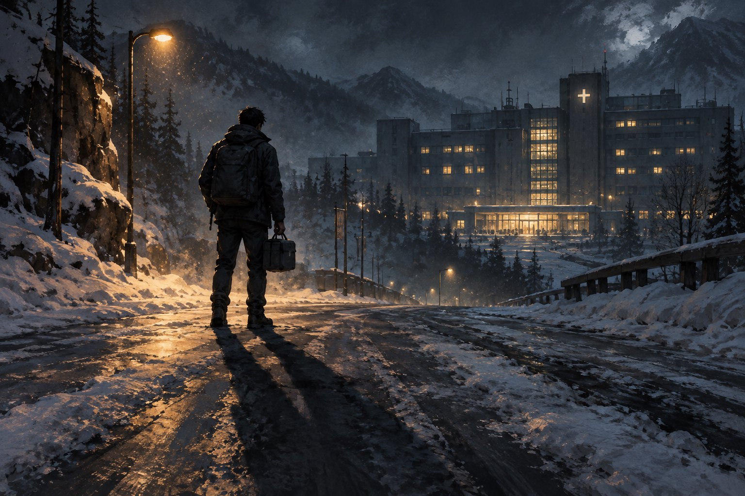 Concept illustration of a lone courier carrying a small bag on a snowy road toward an illuminated hospital at night.