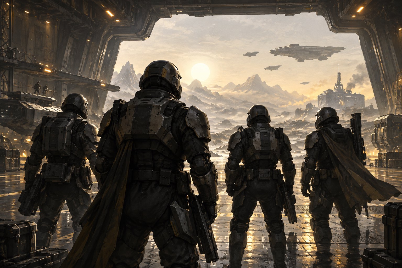 Conceptual illustration of four armored space soldiers facing an open hangar and a sunlit alien landscape.