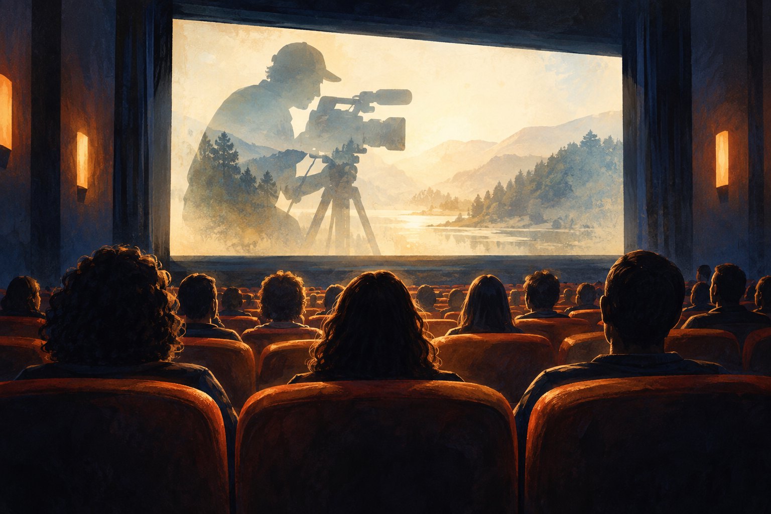 Conceptual illustration of a cinema audience watching a documentary camera operator silhouetted over a mountain landscape.