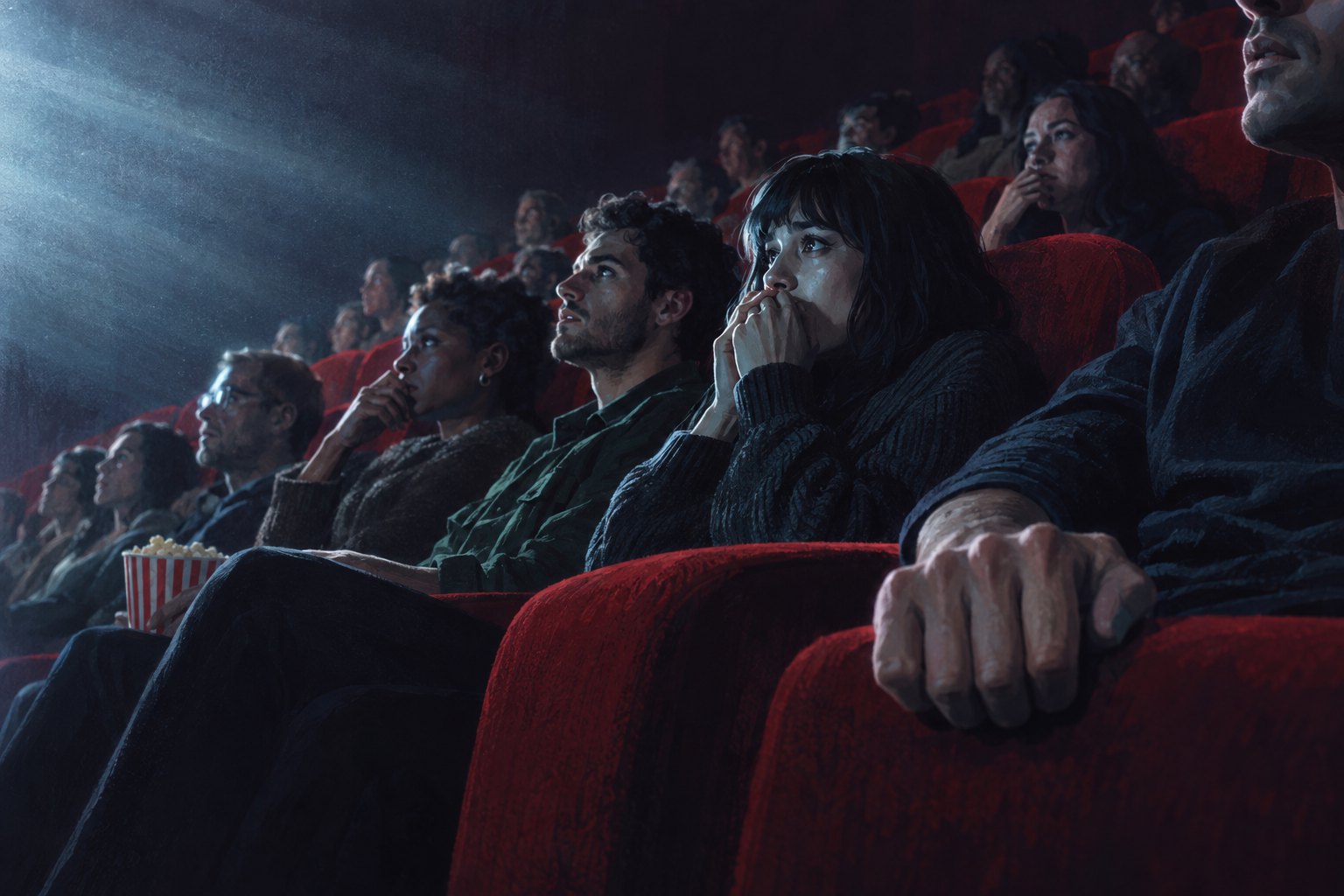 Conceptual illustration of tense moviegoers sitting in red theater seats under the pale glow of a screen.