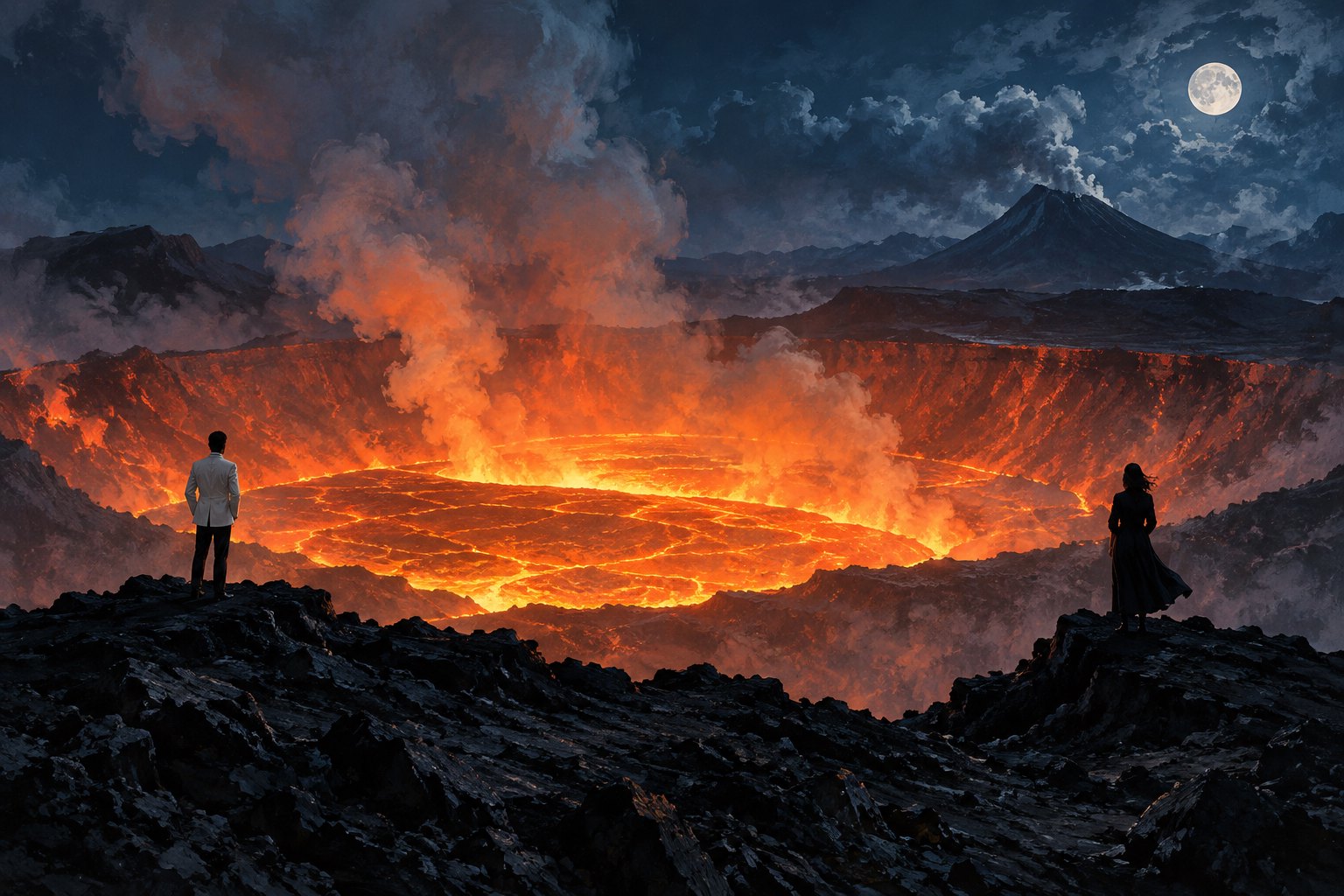 Conceptual illustration of two figures standing apart above a glowing volcanic crater beneath a moonlit sky.