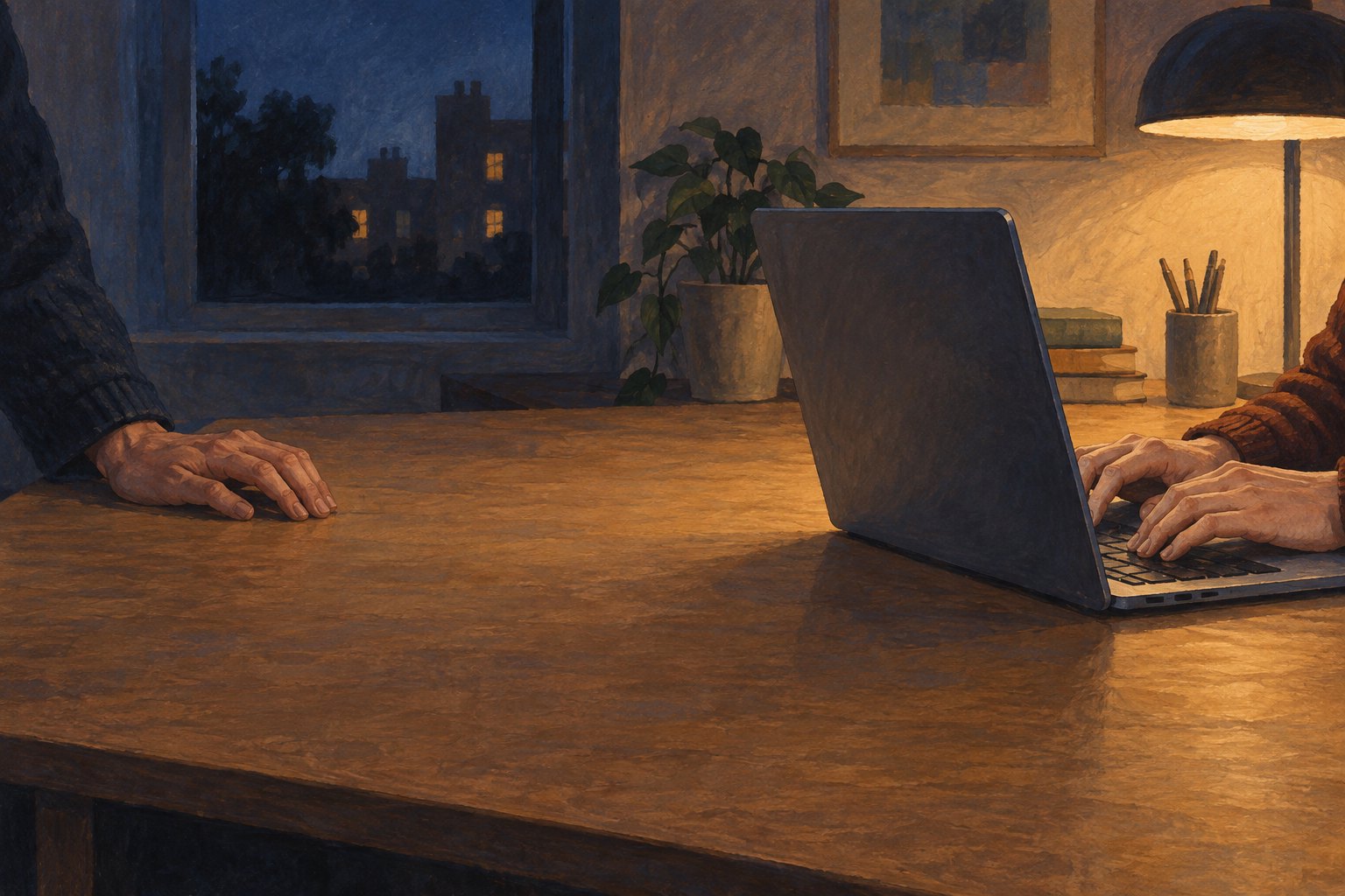 Original painterly illustration of hands at opposite sides of a desk, with one person using a laptop under warm lamplight.
