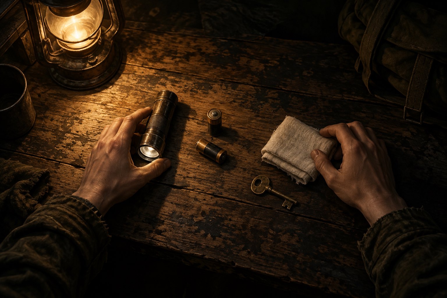Concept illustration of hands arranging a flashlight, two batteries, a folded bandage, and a brass key on a lantern-lit table.