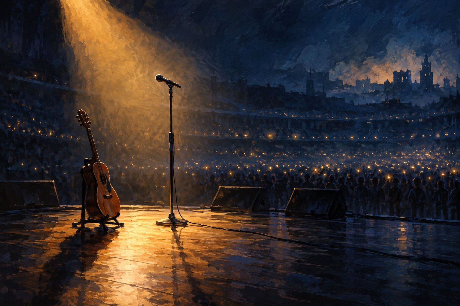 Conceptual illustration of an empty concert microphone and acoustic guitar under an amber spotlight.