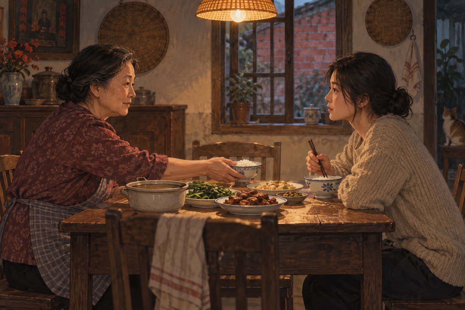 主题插画:暖灯下的家常饭桌旁,母亲递出饭碗,女儿停下筷子望向她