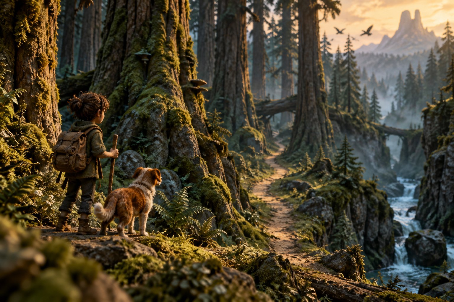 Conceptual fantasy illustration of a young traveler and a dog overlooking a winding forest path beneath distant birds.