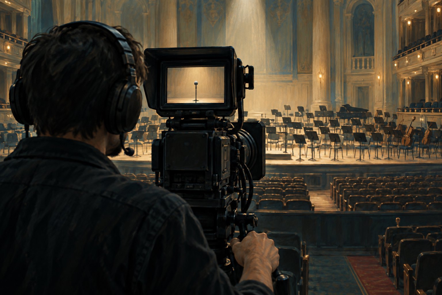 Conceptual illustration of a camera operator framing a lone microphone while the wider auditorium reveals empty chairs and unused music stands.