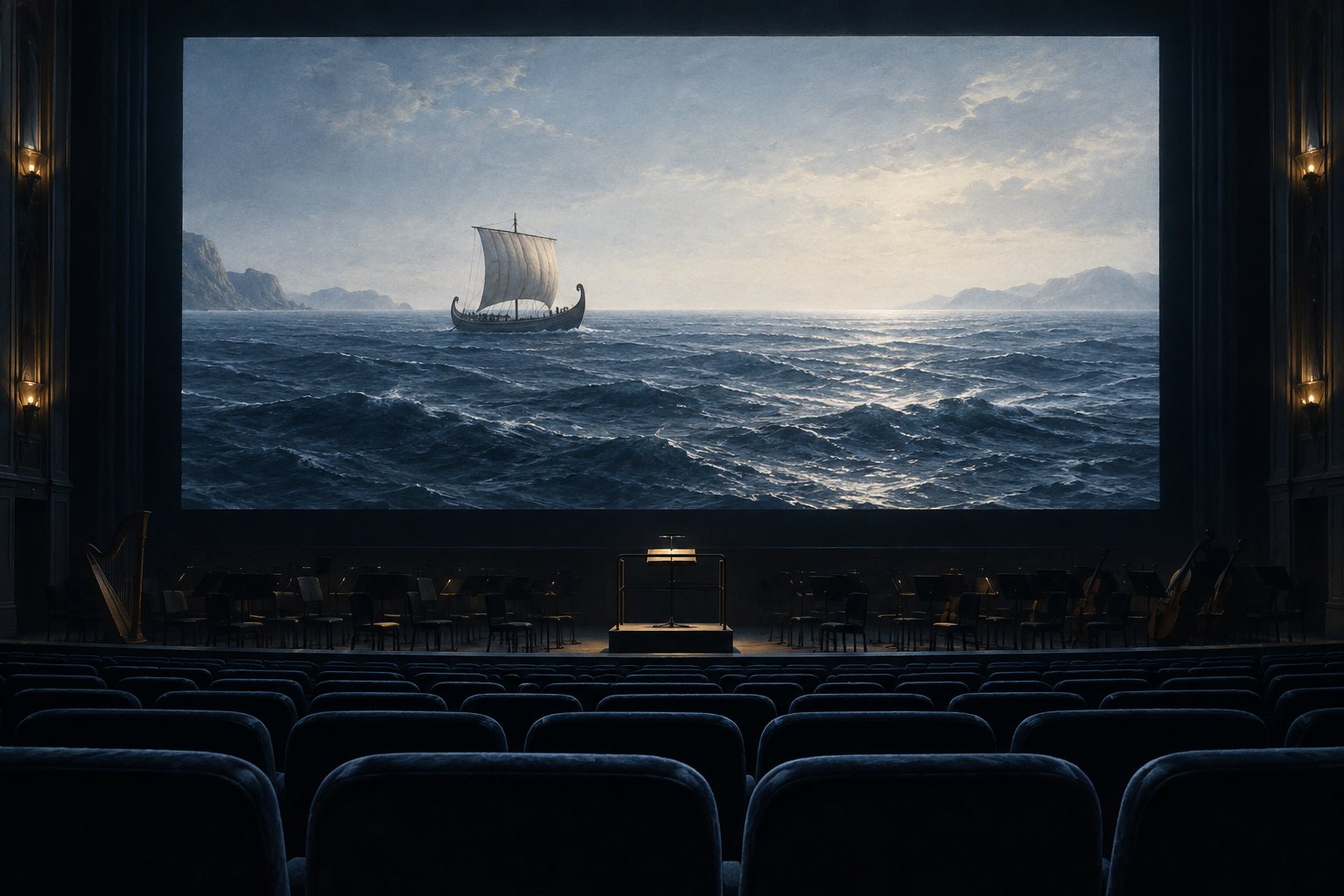 Concept illustration of an empty movie theater showing an ancient sailing ship at sea above an unoccupied orchestra stage.
