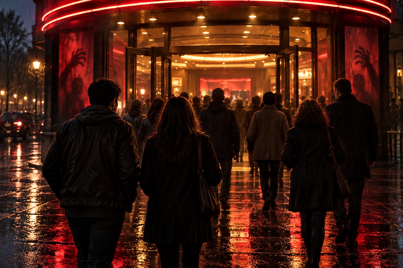 Moviegoers approach a warmly lit theater entrance beneath red lights reflected on rain-soaked pavement.
