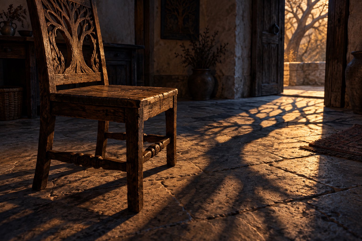 Concept illustration of a carved wooden chair in a stone room, with branching shadows stretching across the floor.