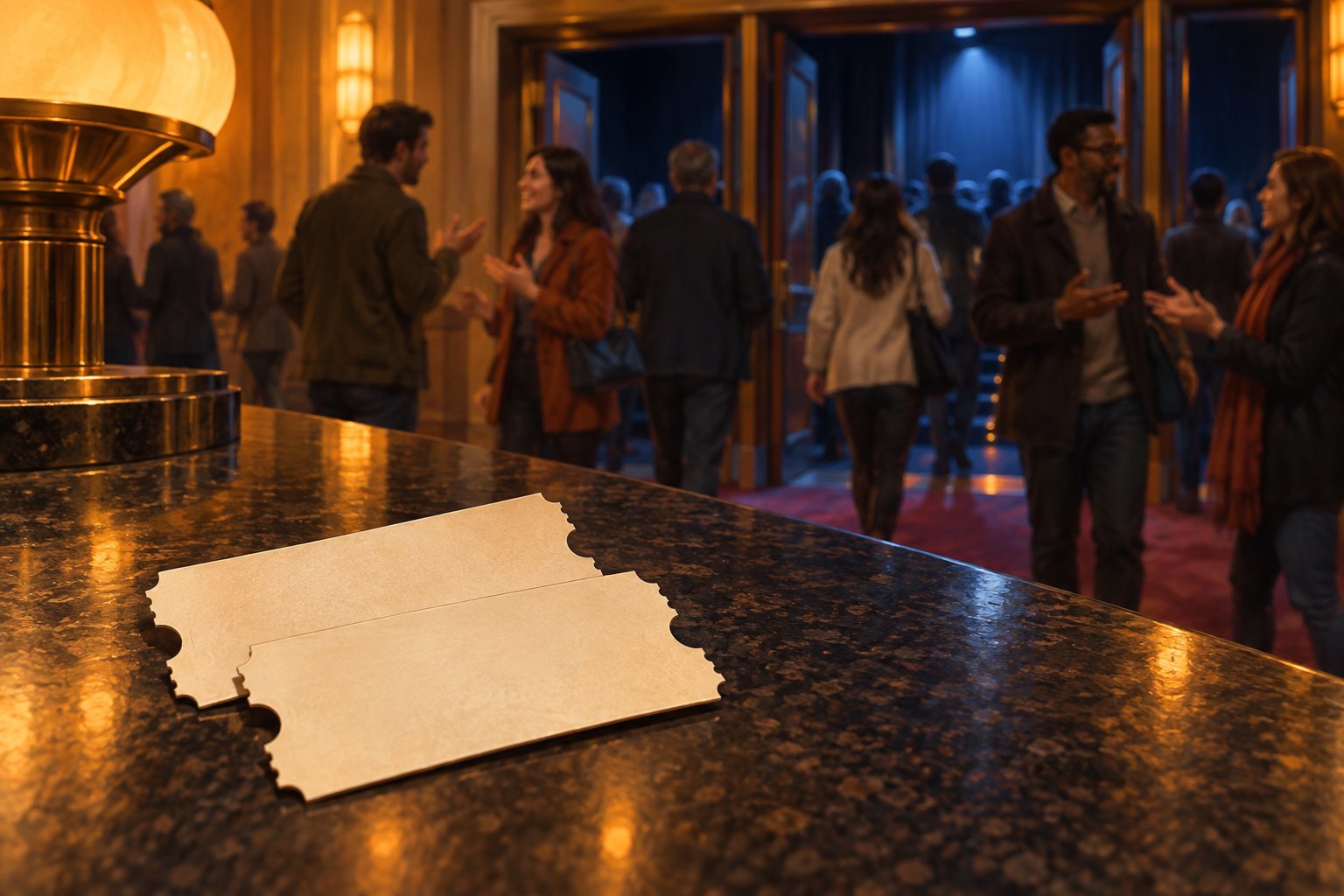 Illustration of two blank ticket stubs on a cinema counter as moviegoers converse outside an auditorium.