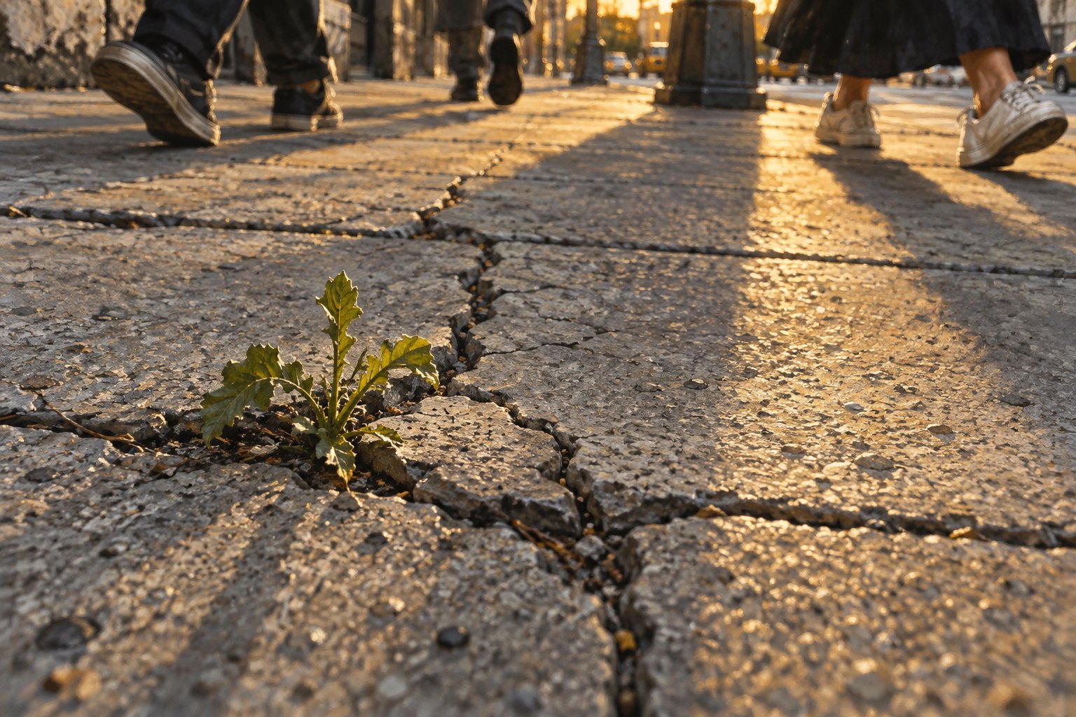 Editorial illustration of a weed growing through a cracked city sidewalk as pedestrians pass in warm afternoon light.