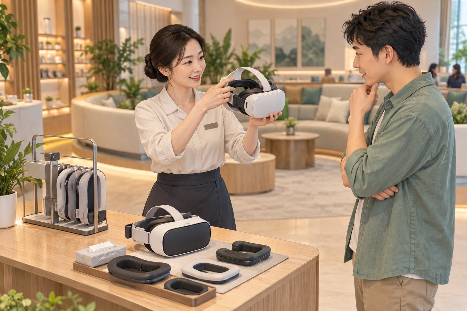概念插画:工作人员向观众演示VR头显佩戴,桌上备有设备与可更换面垫