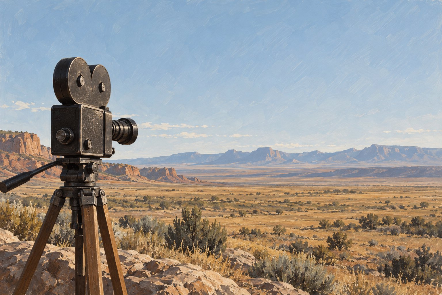 Conceptual illustration of a vintage movie camera overlooking a Utah-inspired plain beneath an expansive daytime sky.