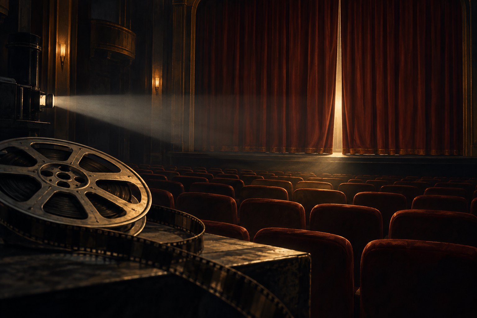 Conceptual illustration of an empty cinema, a narrowly opened curtain, a projector beam, and an unmarked film reel.