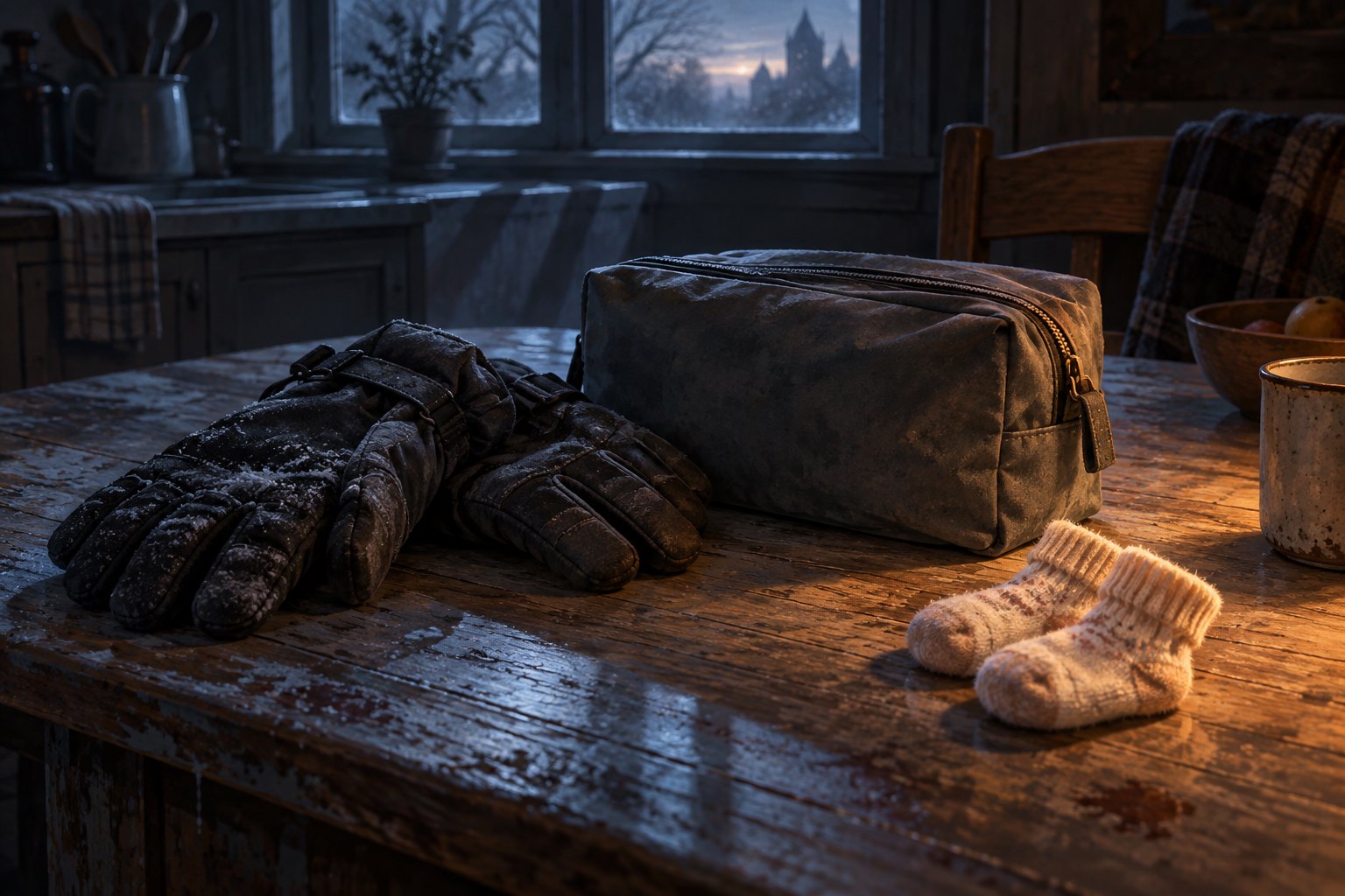 Concept illustration of winter gloves, a courier pouch, and infant socks on a worn kitchen table in blue morning light.