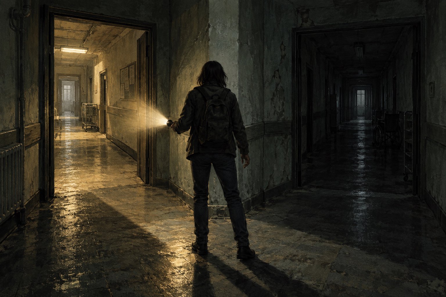 Conceptual illustration of a lone figure holding a flashlight between two shadowy hospital corridors.