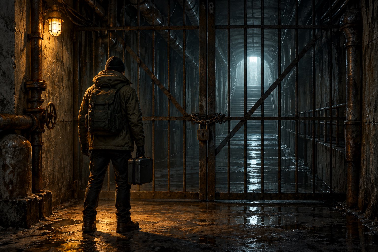 Concept illustration of a lone courier holding a case before a locked underground gate, with pale light beyond.
