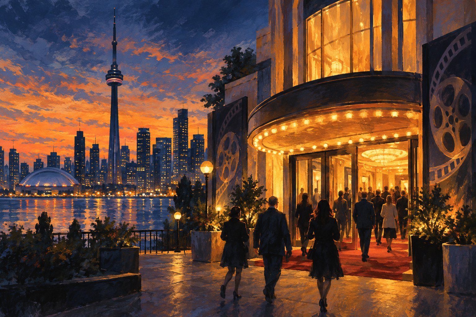 Painted illustration of moviegoers approaching a glowing cinema with Toronto’s skyline in the background at dusk.