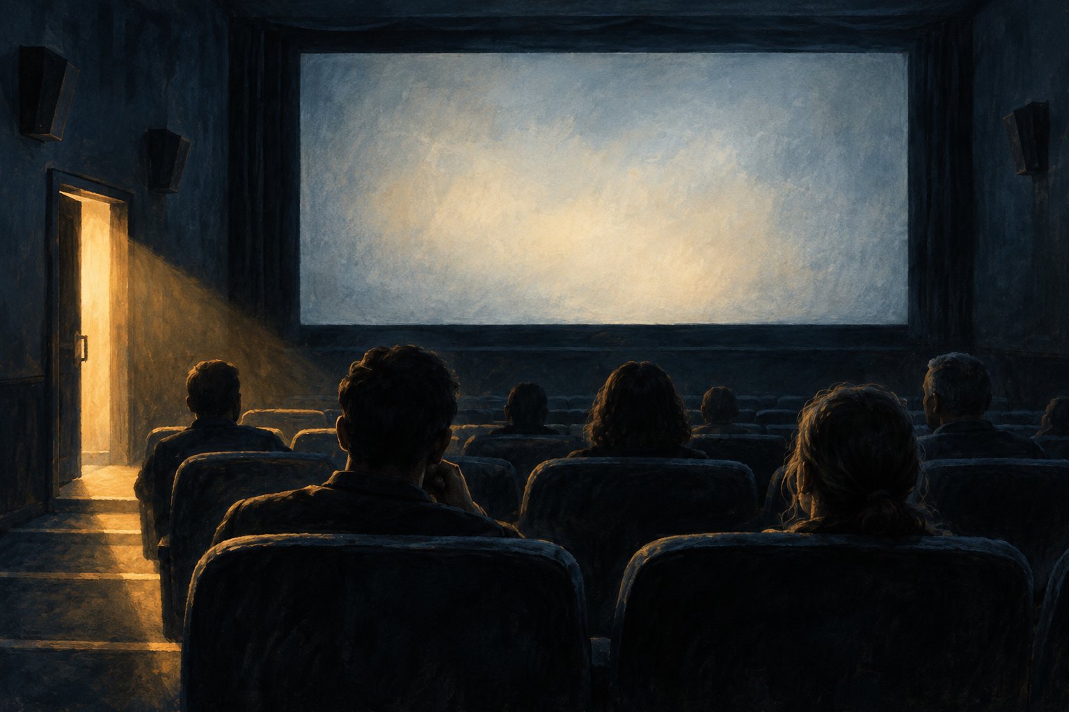 Conceptual illustration of viewers facing a luminous cinema screen as warm light enters through an open door.