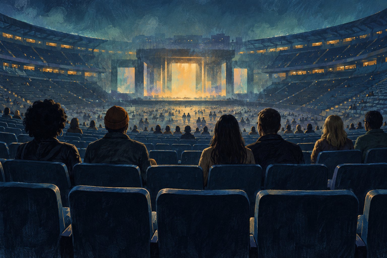Conceptual illustration of seated concertgoers looking toward a distant illuminated stadium stage.