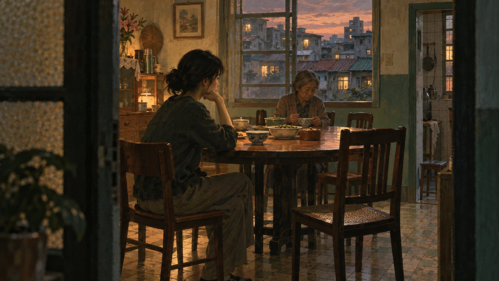 原創概念插畫:從門框望入老屋餐廳,兩代女性隔著圓桌安靜相坐,呈現家庭空間中的情感距離,非電影劇照