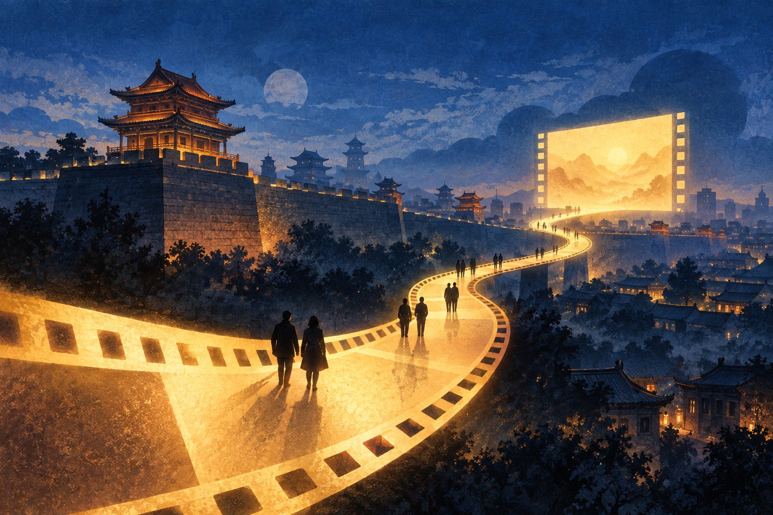 古城墙旁,金色胶片光带引领观众走向银幕的概念插画