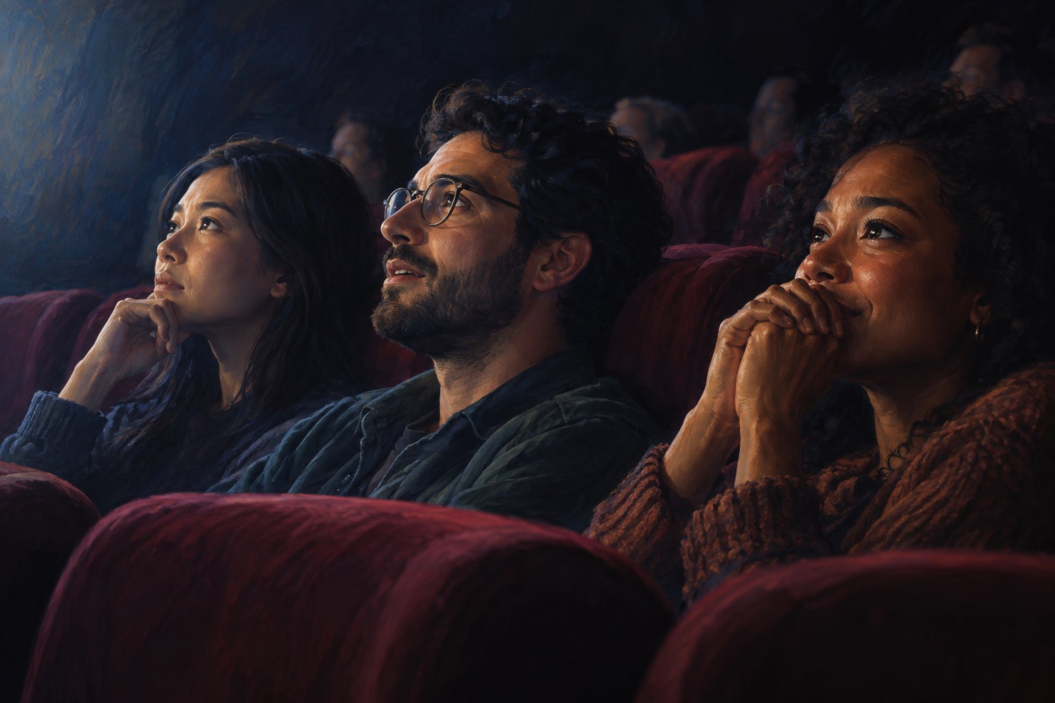 Painted illustration of three moviegoers watching an unseen screen with thoughtful expressions in a dim theater.