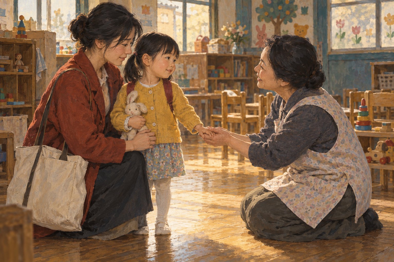 原创主题插画:托育室里,母亲陪伴抱着玩偶的女孩与照护者牵手,表现育儿支持与信任,非电影剧照