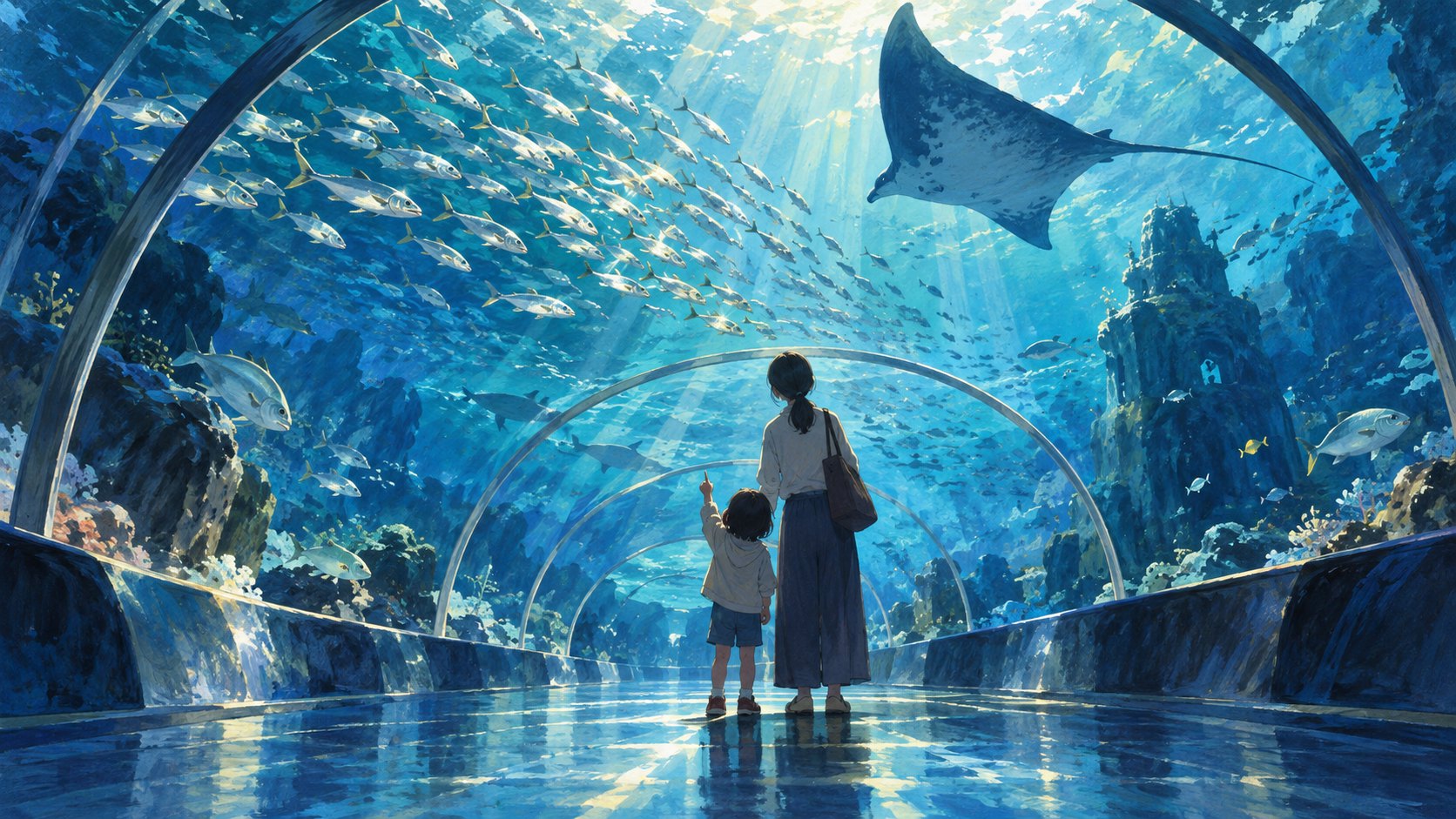 大人與孩子在想像中的水族館隧道仰望魚群與魟魚,為海底探險主題原創概念插畫,非活動現場。