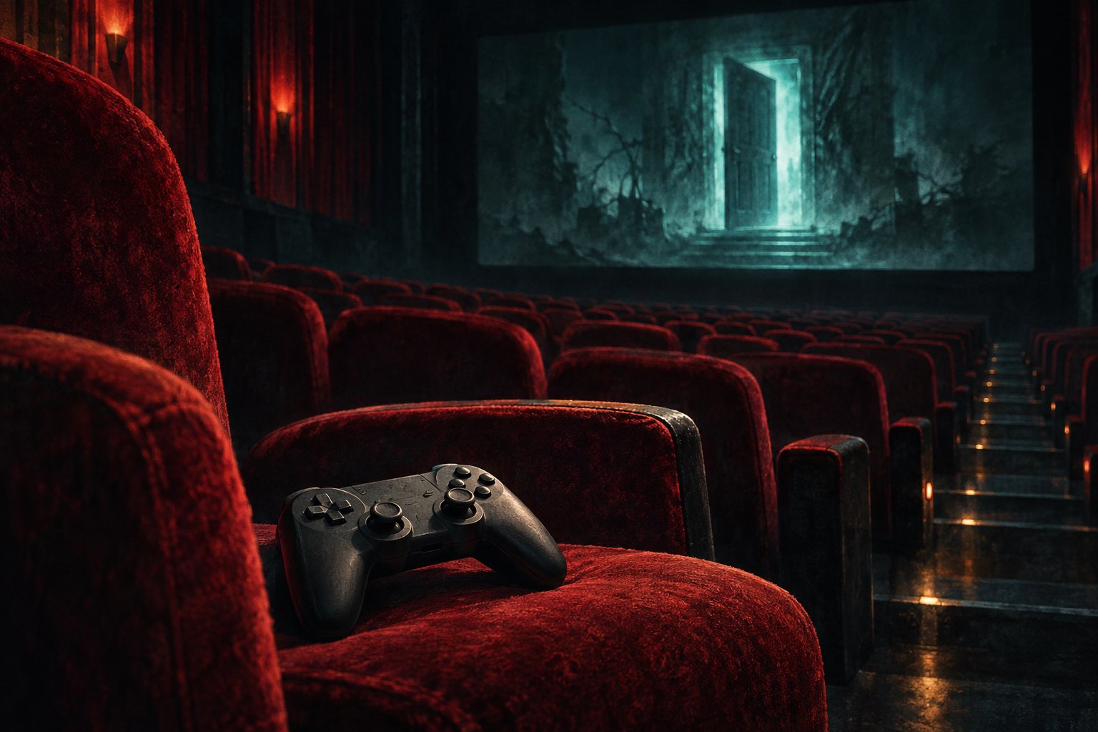 Conceptual illustration of a game controller on a red cinema seat beneath a screen showing an ominous doorway.