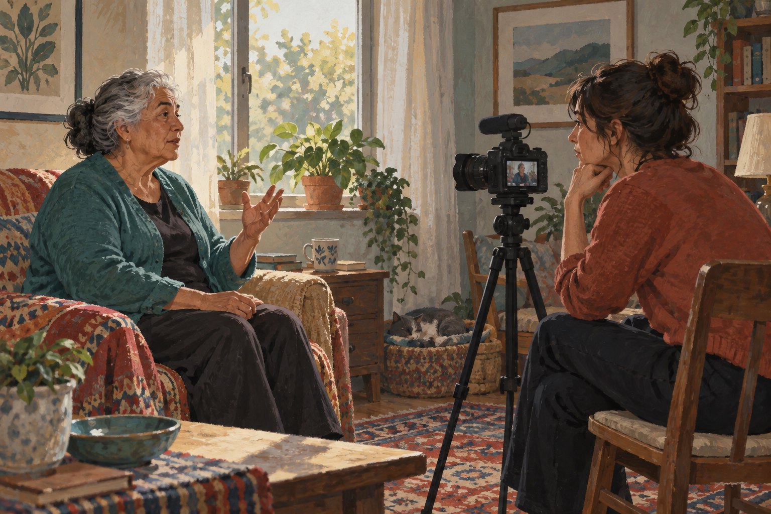 Conceptual illustration of an older woman speaking while a filmmaker listens beside a camera in a sunlit living room.