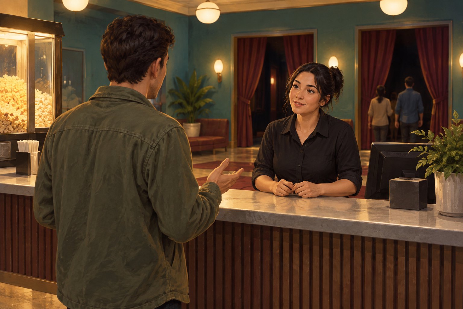 Conceptual illustration of a moviegoer speaking calmly with an employee at a cinema lobby counter.
