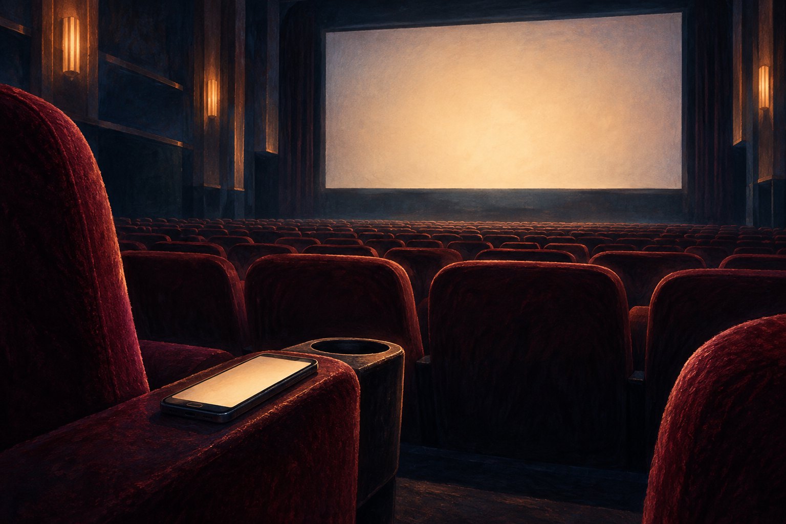 Conceptual illustration of a glowing smartphone on an armrest in an empty movie theater with burgundy seats.