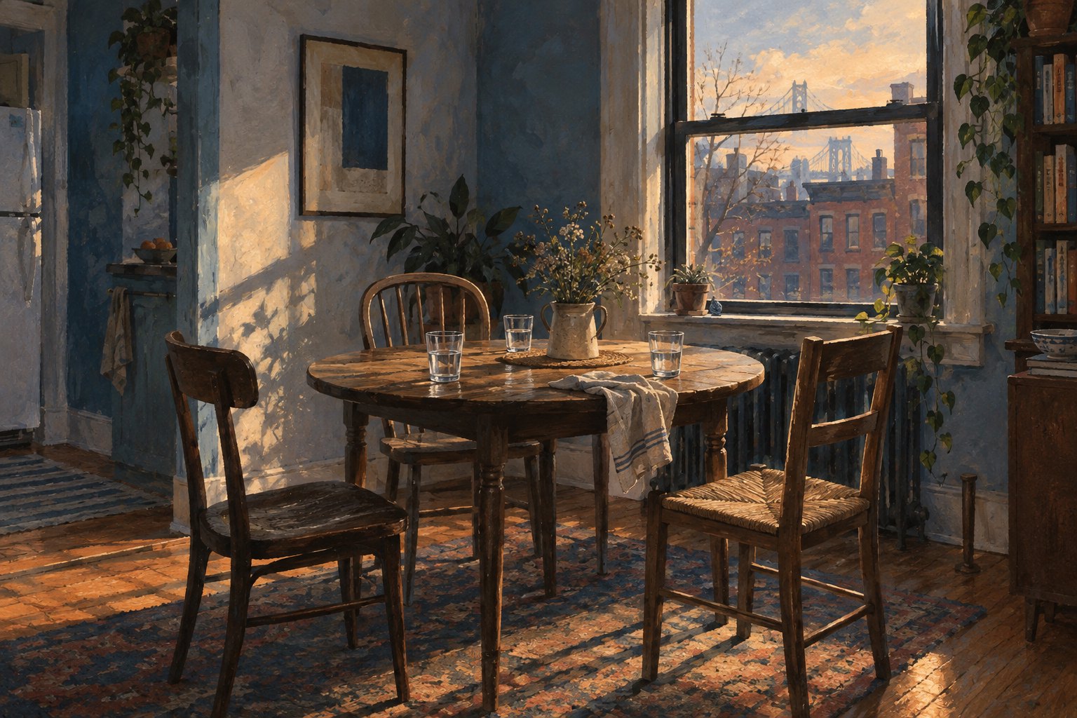 Original painterly illustration of three empty wooden chairs around a sunlit apartment dining table.