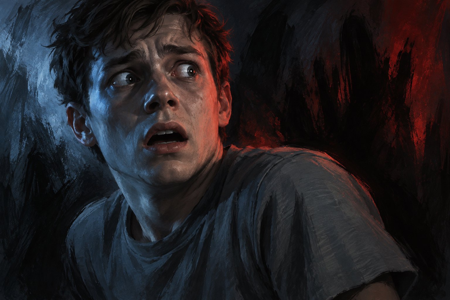 Painterly illustration of a frightened young man screaming in cold blue light against a dark background.