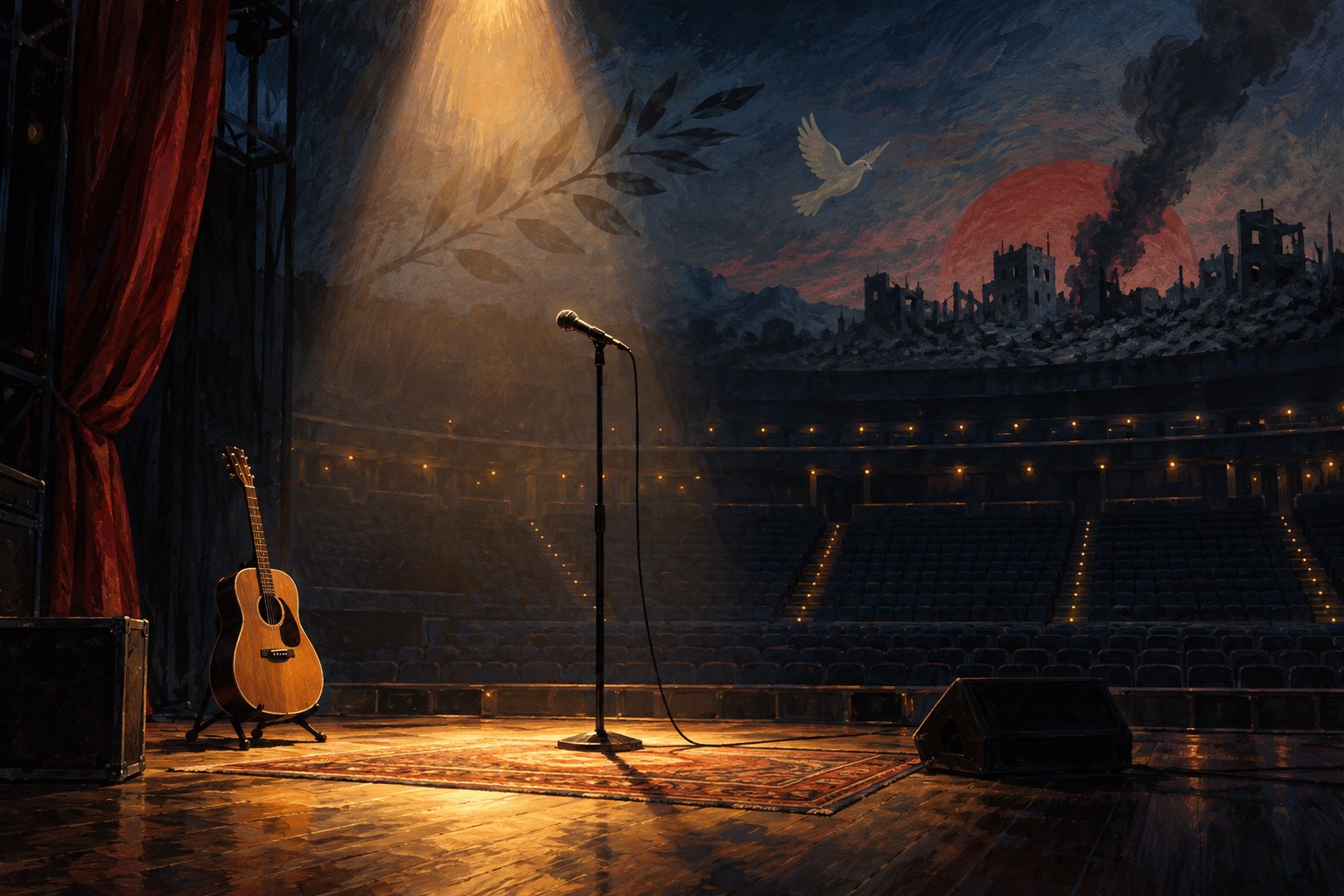 Conceptual illustration of a microphone and acoustic guitar on an empty concert stage beneath symbolic imagery of ruined buildings and a white dove.