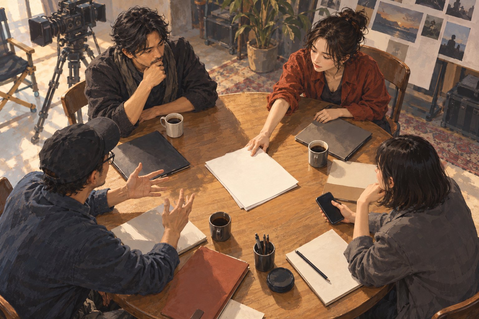 主题插画:四位电影工作者围坐木桌讨论,桌面摆着纸张、文件夹与咖啡杯