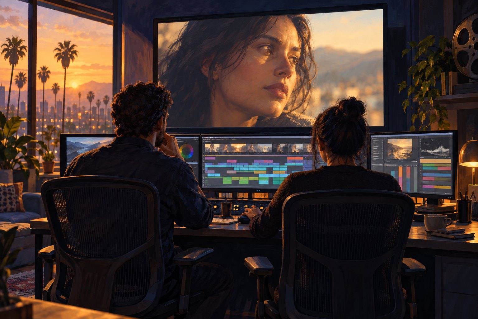 Editorial illustration of two film editors reviewing a character close-up in a suite overlooking palm trees at sunset.