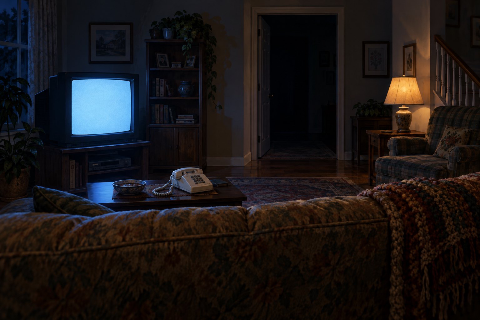 Atmospheric illustration of a blue-lit television and cream landline telephone in an empty living room beside a dark doorway.