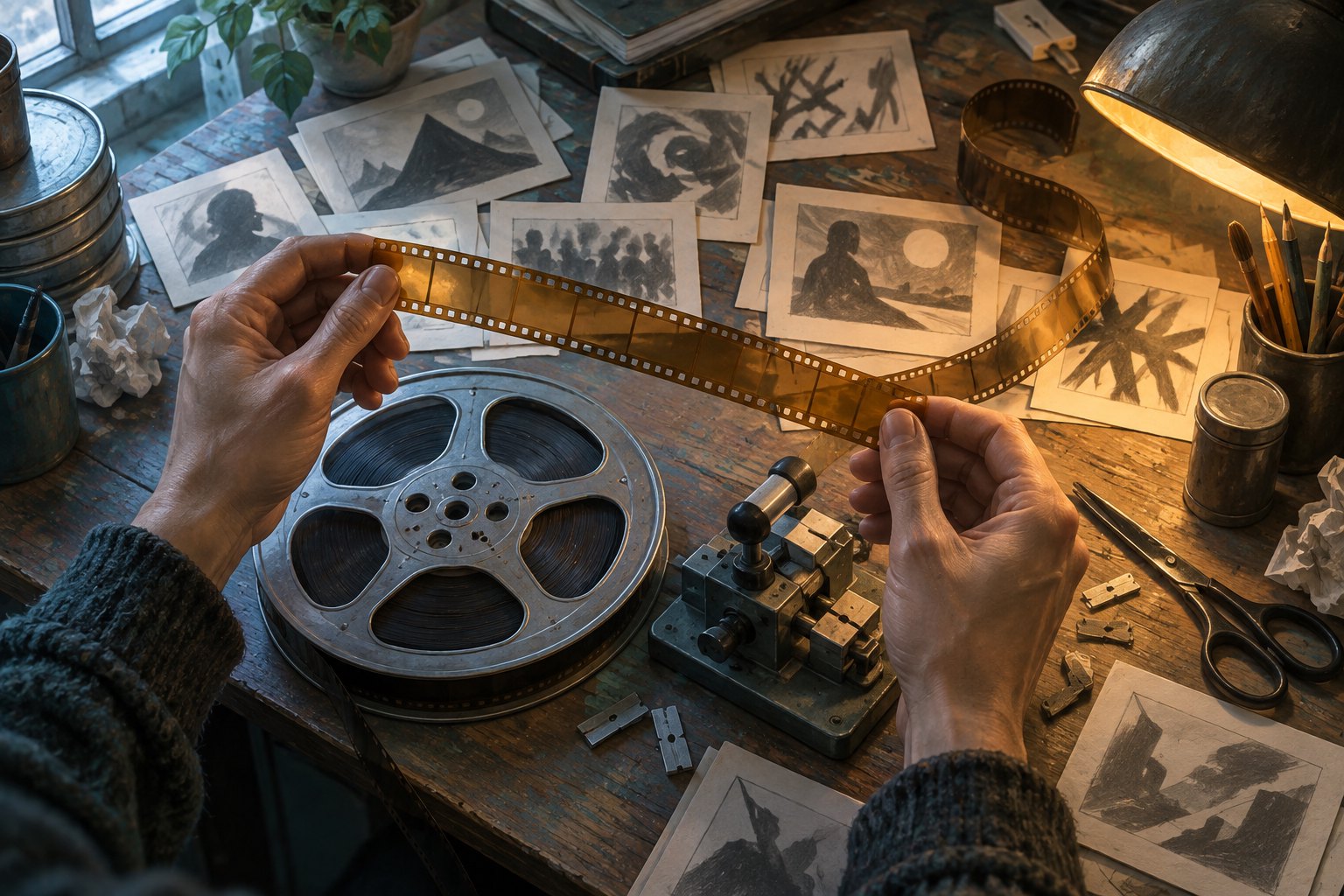 Symbolic illustration of hands examining a strip of film above reels, a splicer, and charcoal storyboard sketches on an editing workbench.
