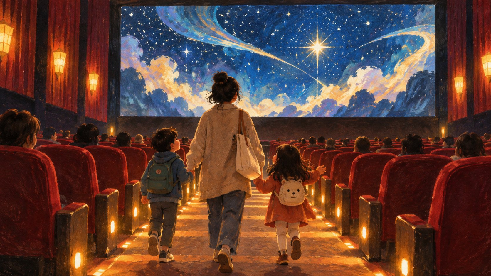 大人與兩名孩子走進映著星空的電影院,呈現親子觀影期待的原創概念插畫,非電影劇照