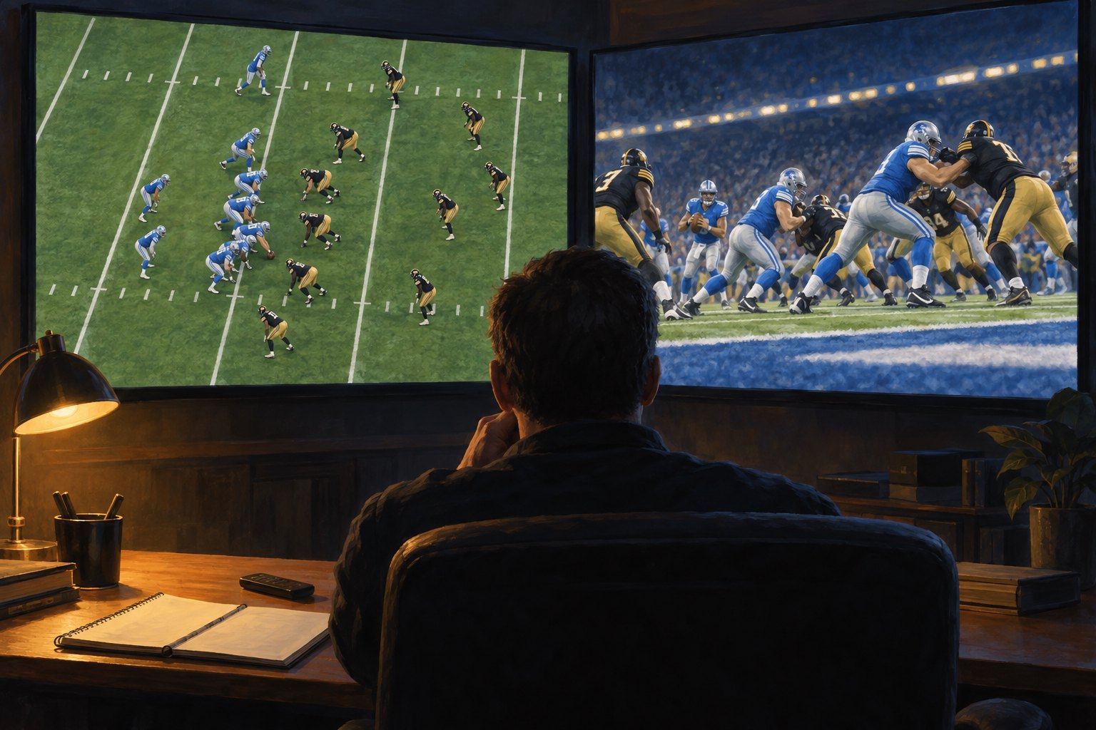 Conceptual illustration of an analyst comparing wide and close views of football blocking on two screens.