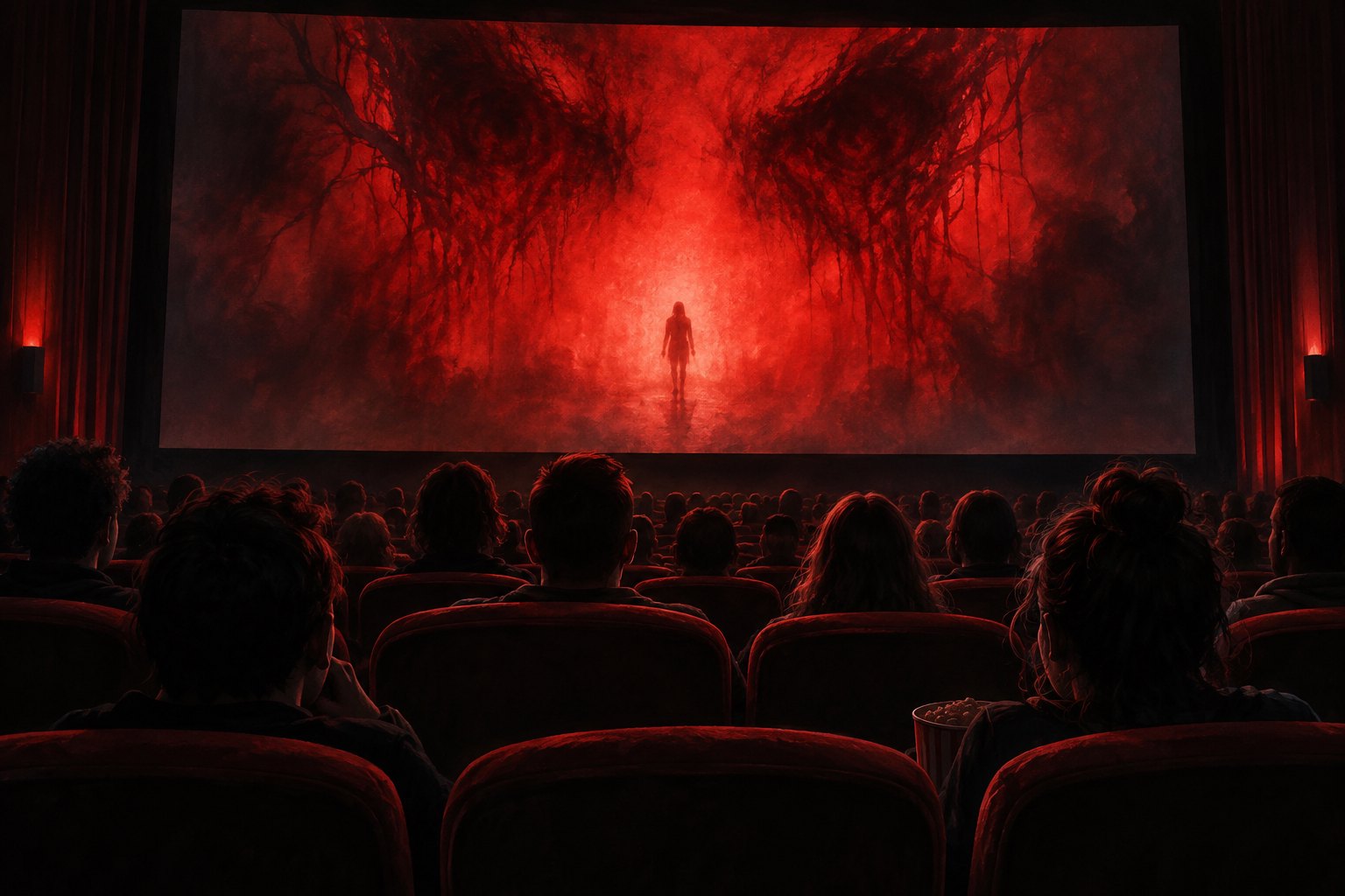 Conceptual illustration of a theater audience watching a lone silhouette on a glowing red horror screen.