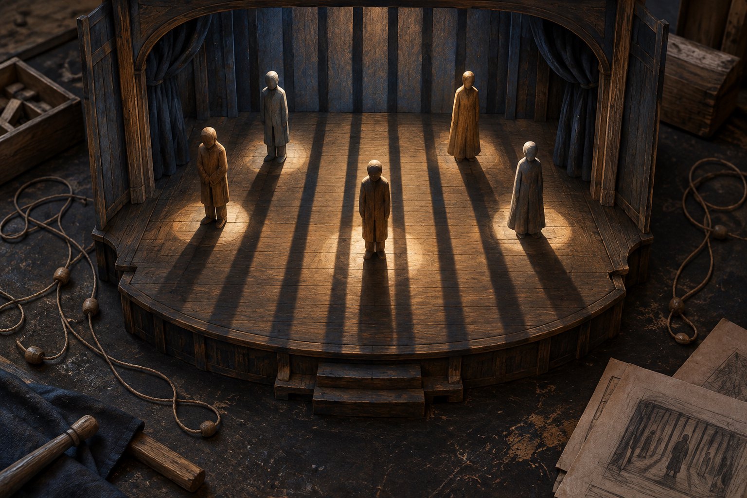 Conceptual illustration of five wooden figures on a miniature theater stage, casting long shadows beside loose marionette strings.