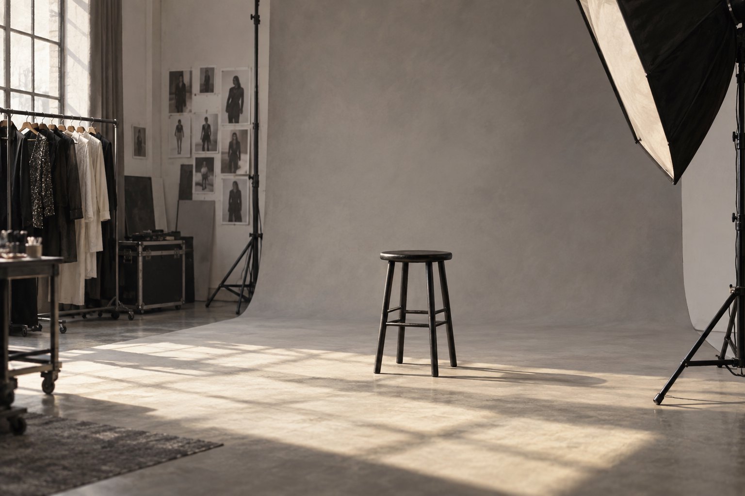 Conceptual illustration of an empty fashion photography studio with a wooden stool, gray backdrop, and softbox in afternoon light.