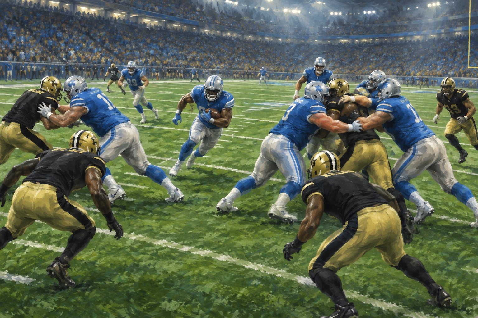 Conceptual illustration of blue-and-silver football players opening a running lane against black-and-gold defenders.