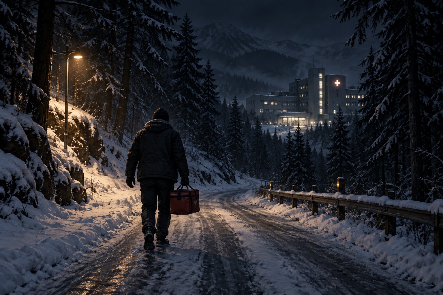 Concept illustration of a lone courier carrying a medical bag along a snowy forest road toward an illuminated hospital.
